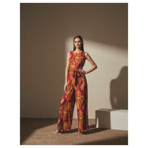 Vintage 60s Lisanne Floral Jumpsuit Womens M-L Orange Mod Psychedelic Wide Leg